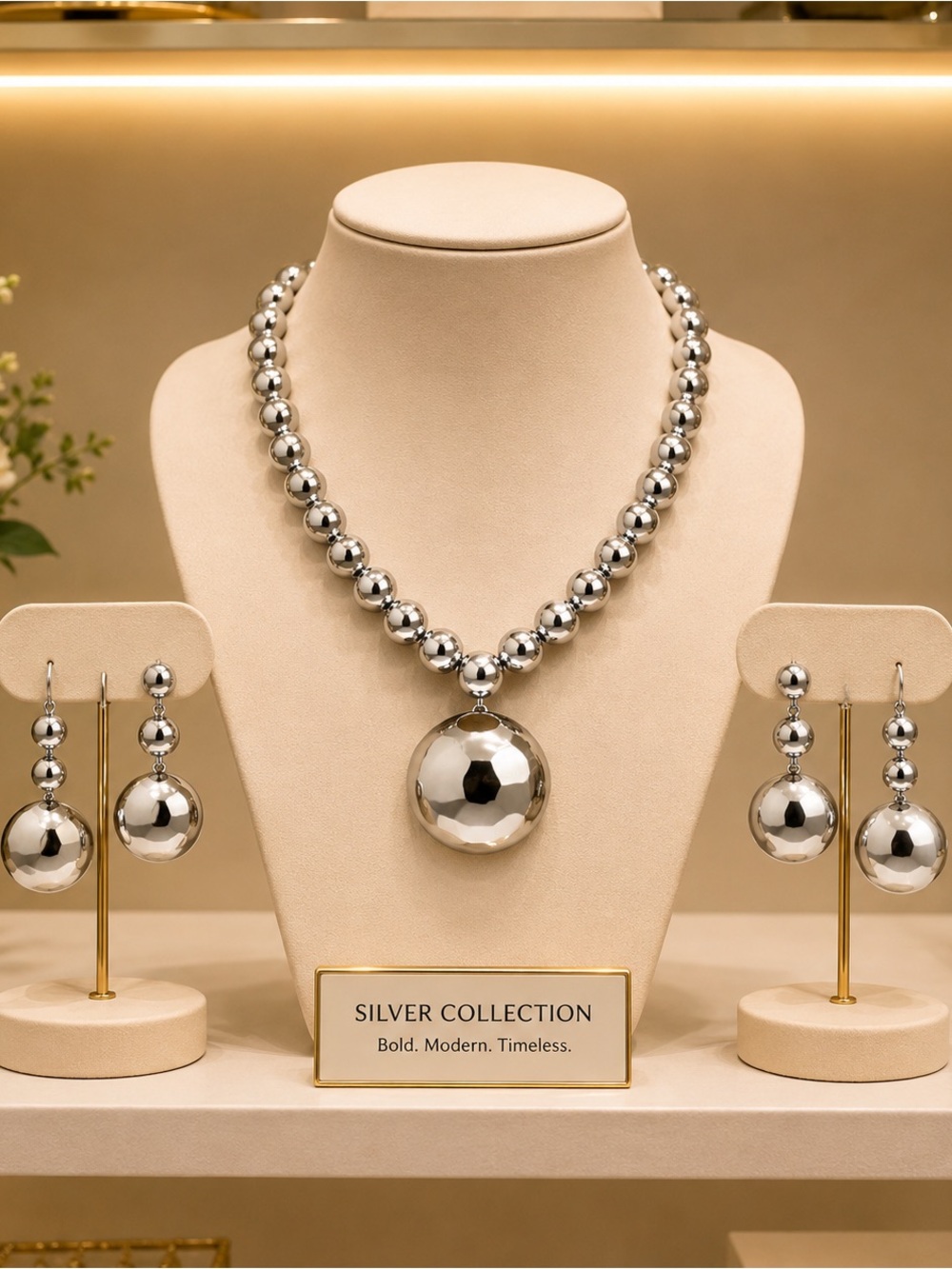 Silver Ball Pendant Necklace and Earring Set - Silver